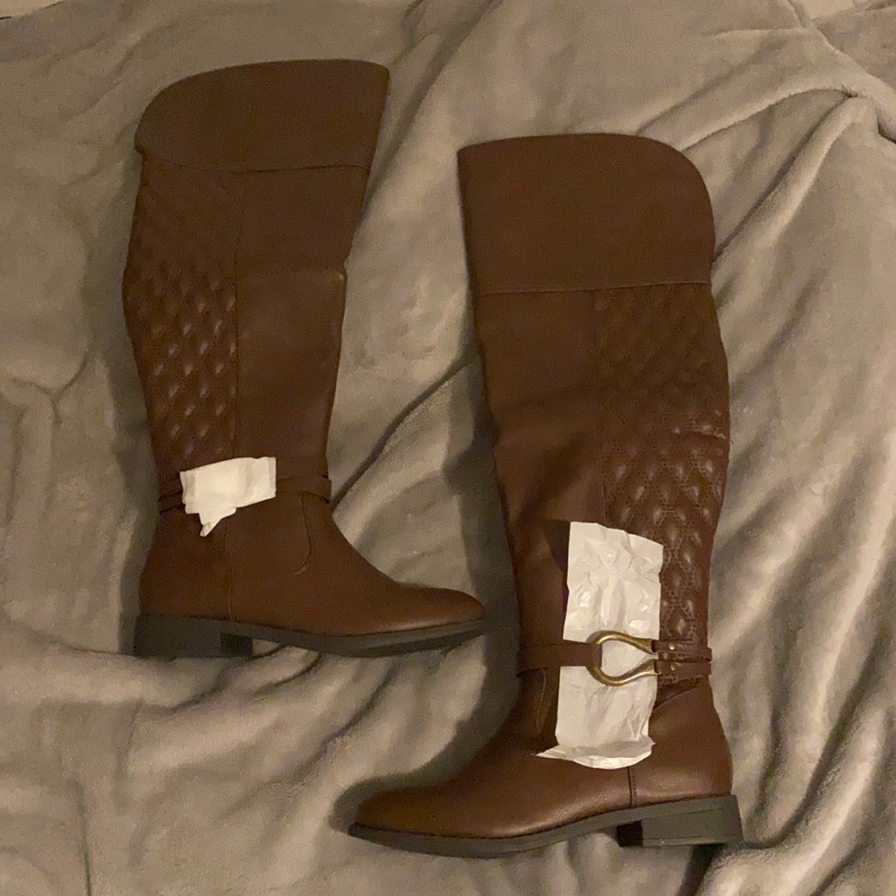 New over the knee thigh high brown leather flat boots size 8.5